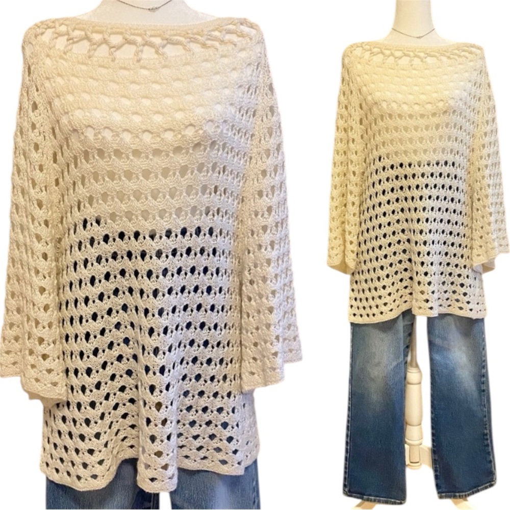 Chicos (3X) Linen Blend Open-Knit Chunky Crochet Longline Sweater